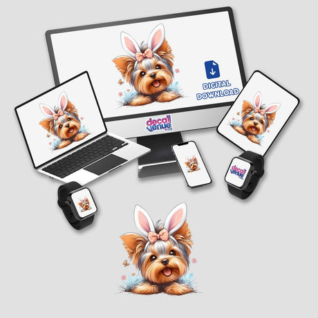 Peeking Yorkie Easter Bunny Ears displayed on a computer monitor and laptop. Available as stickers or digital artwork, showcasing a Yorkie with bunny ears, perfect for whimsical decor.