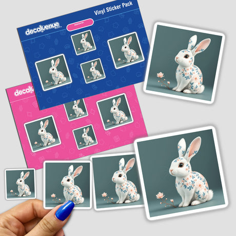 Chinoiserie Rabbit design featuring a white rabbit adorned with flowers, available as stickers or digital artwork.