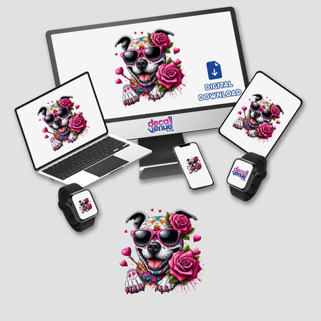 Sugar Skull Pink Roses Pitbull Dog displayed on various devices, including a laptop, computer monitor, tablet, smartphone, and smartwatch. Available as Stickers or Digital Artwork.