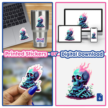 Collage featuring A Skull And Bones On Fire as stickers and digital artwork, showcasing a fiery skull theme integrated into laptops, cups, and devices, reflecting Decal Venue's unique vinyl sticker artistry.