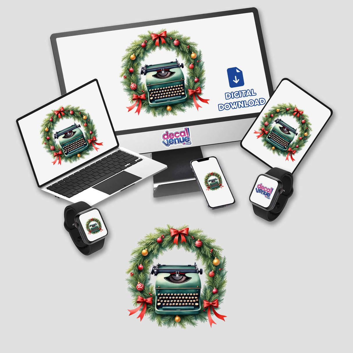 Typewriter in a Christmas Wreath design featured on a computer screen and various devices, showcasing DecalVenue's unique digital art. Perfect for adding vintage holiday charm to your decor.