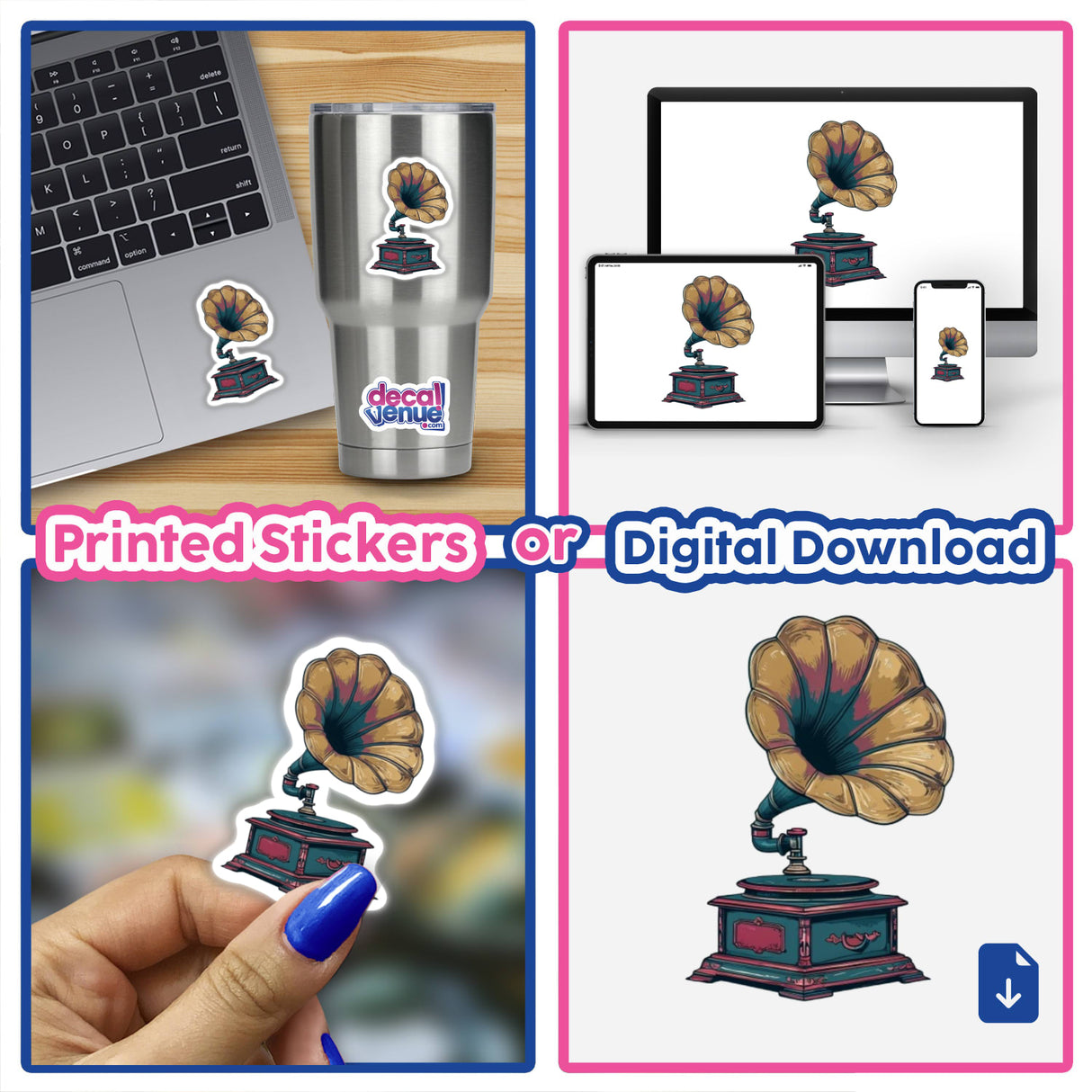 Antique Gramophone | Dark Academia Music Sticker displayed on a laptop, showcasing its intricate design. Ideal for personalizing devices or items, reflecting Decal Venue's unique sticker collection.
