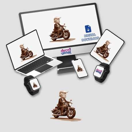 President Donald Trump on a motorcycle, depicted as a cartoon, displayed on electronic devices. Available as stickers or digital artwork, reflecting Decal Venue's unique vinyl sticker and digital art offerings.
