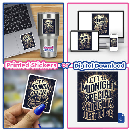 The Midnight Special Vintage Typography Design Sticker or Clipart features prominently on a laptop, showcasing its intricate design, available as both stickers and digital artwork with commercial rights.