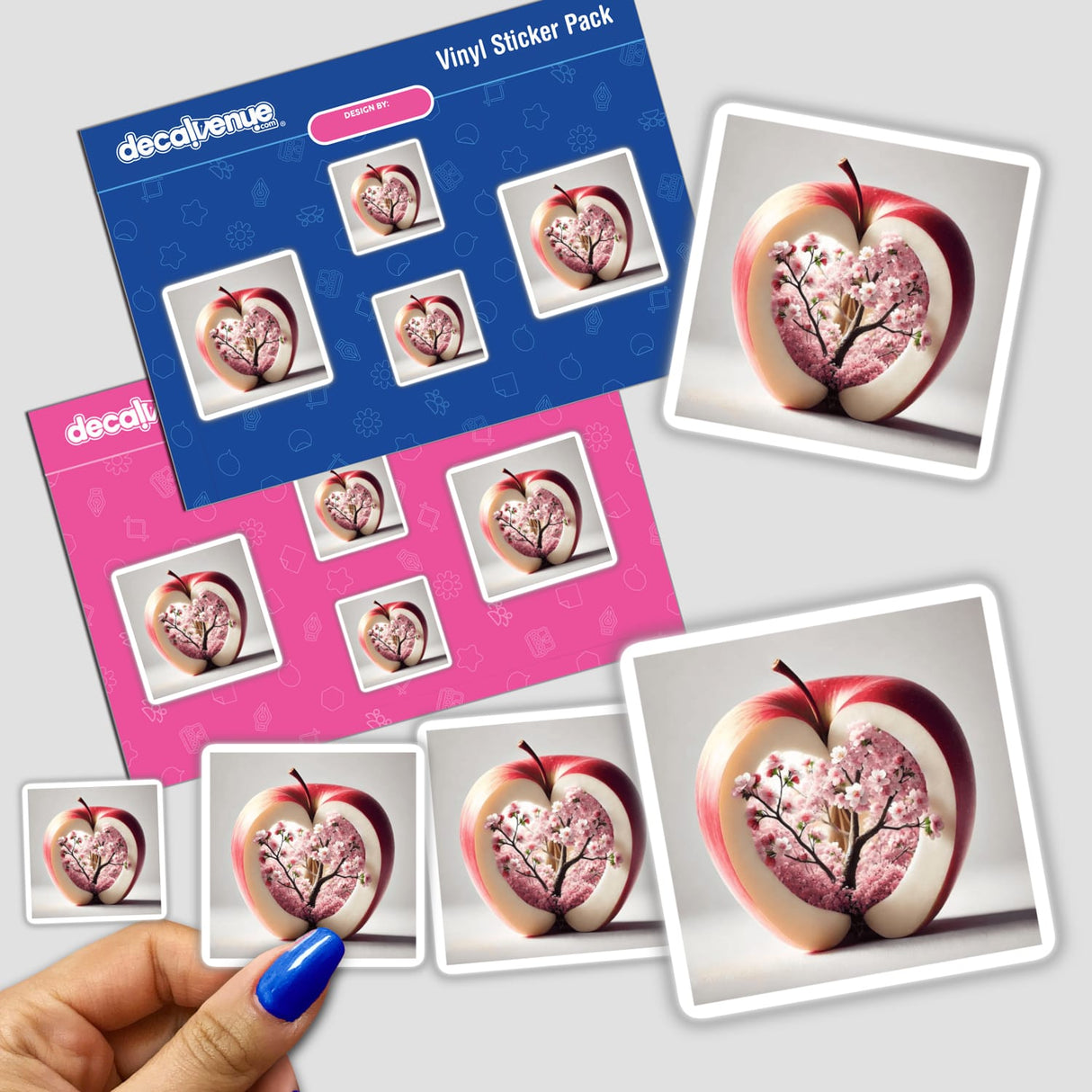 Enchanted Orchard Cherry Blossom Tree Inside an Apple sticker pack, featuring apples with intricate tree designs and floral elements, available as stickers or digital artwork.