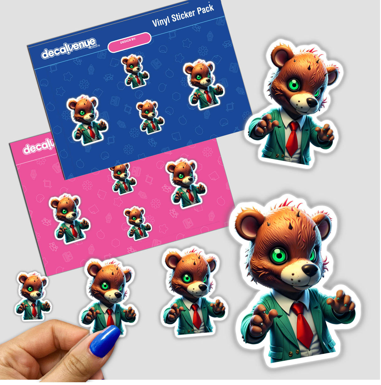 A Macabre Scary Bear sticker featuring a cartoon bear in a suit and red tie, available as unique stickers or digital artwork from Decal Venue.