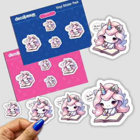 Adorable pink unicorn stickers with speech bubbles displayed on a pink and blue background, created by Rafy's Decals for the Decal Venue store.