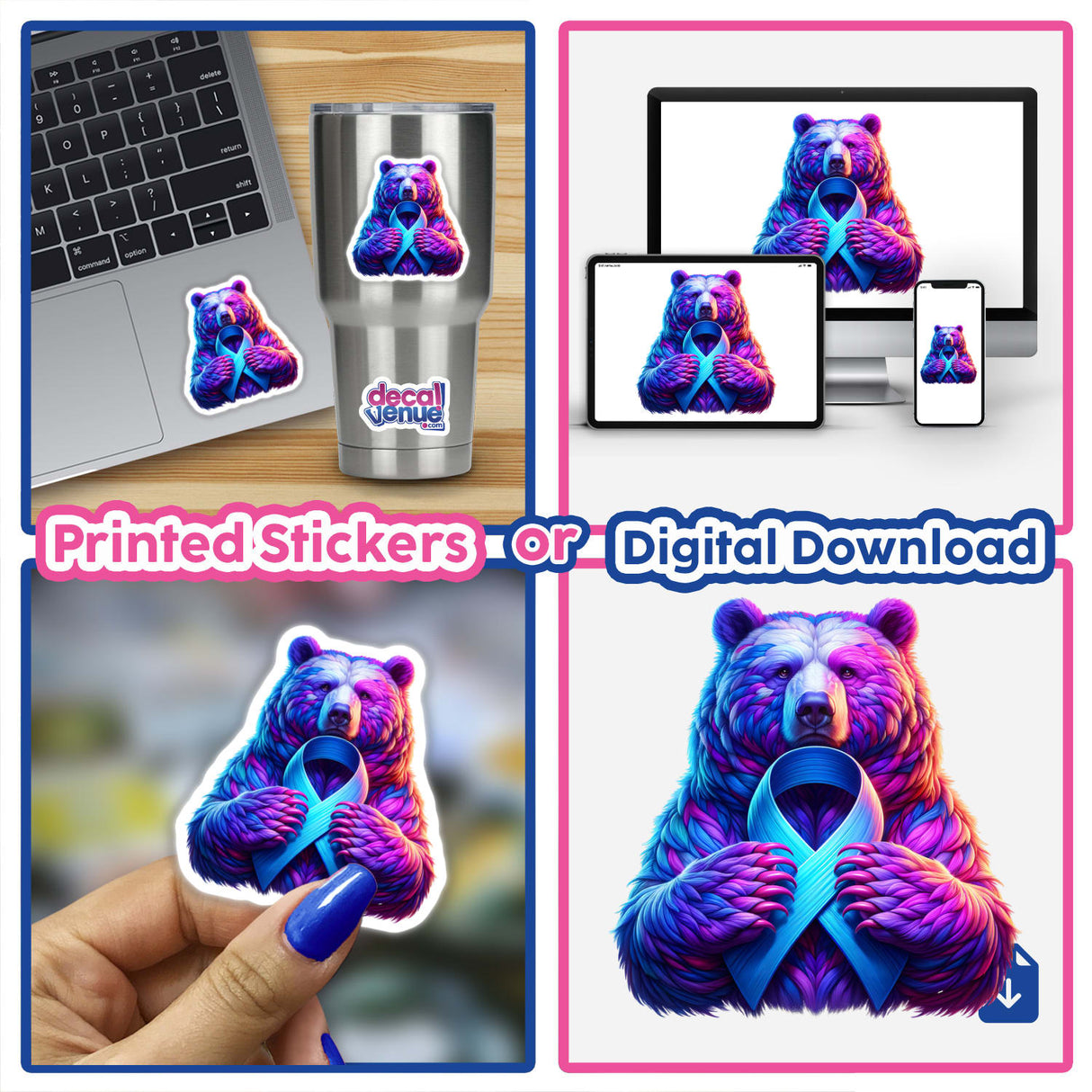 Bear Periwinkle Ribbon Stomach Cancer Awareness stickers featuring a bear holding a blue ribbon in various designs, suitable for laptops or cups. Available as stickers or digital artwork.