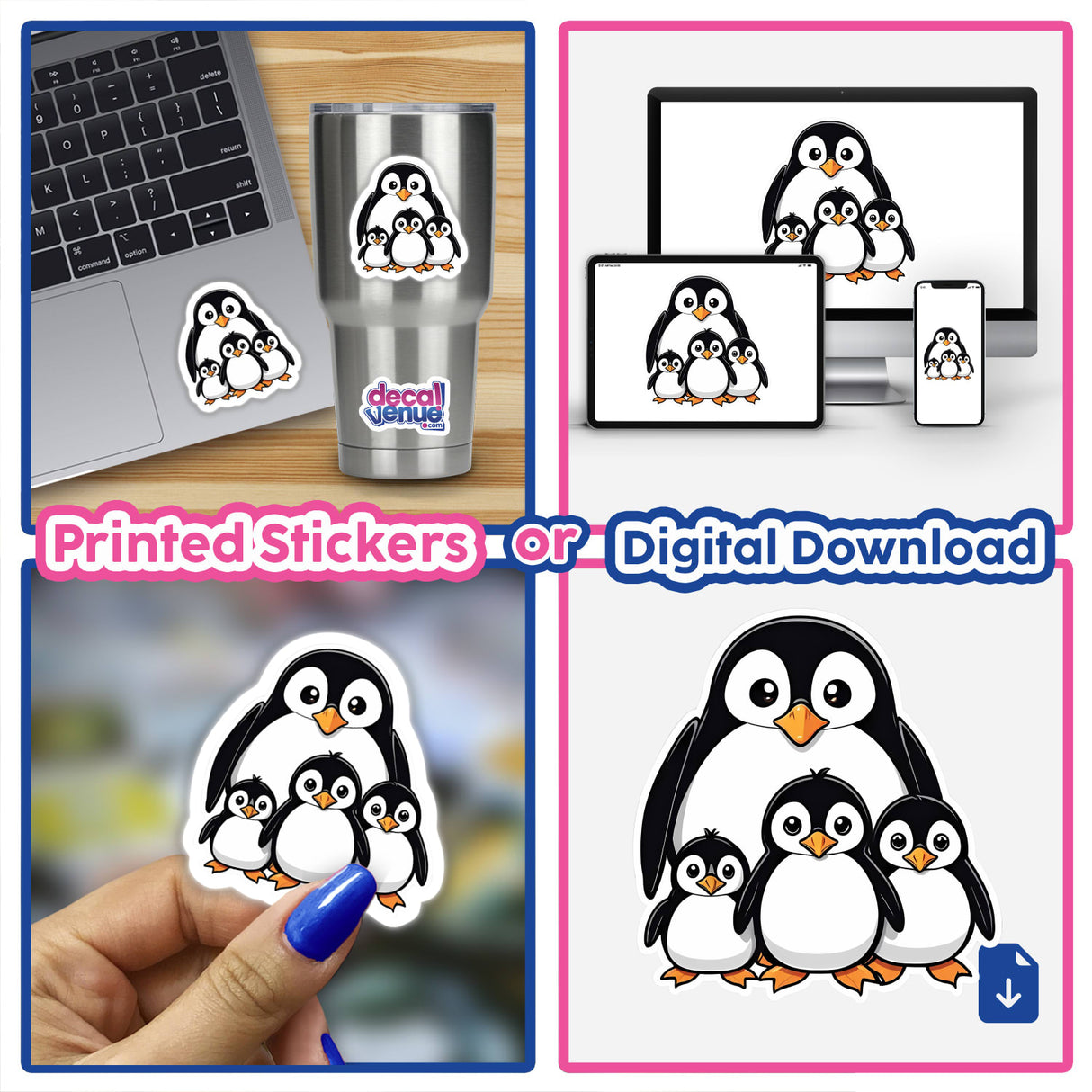 Playful penguin family digital artwork - adorable penguin stickers and digital downloads to express your style, created by talented designers at Decal Venue.