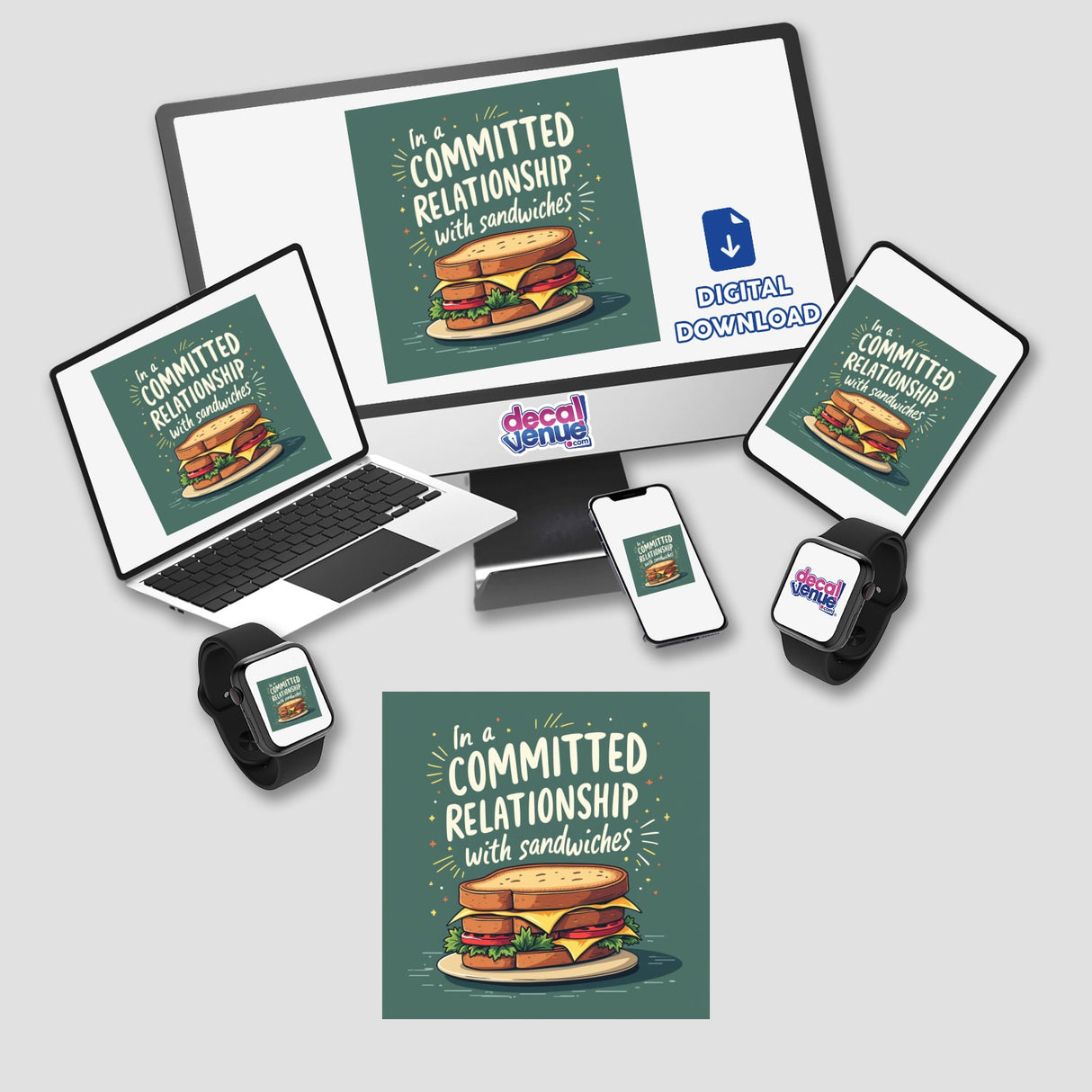 Funny In a Committed Relationship with Sandwiches Sticker & Clipart on a laptop screen, featuring a sandwich motif, ideal for sandwich lovers. Available as stickers or digital artwork.