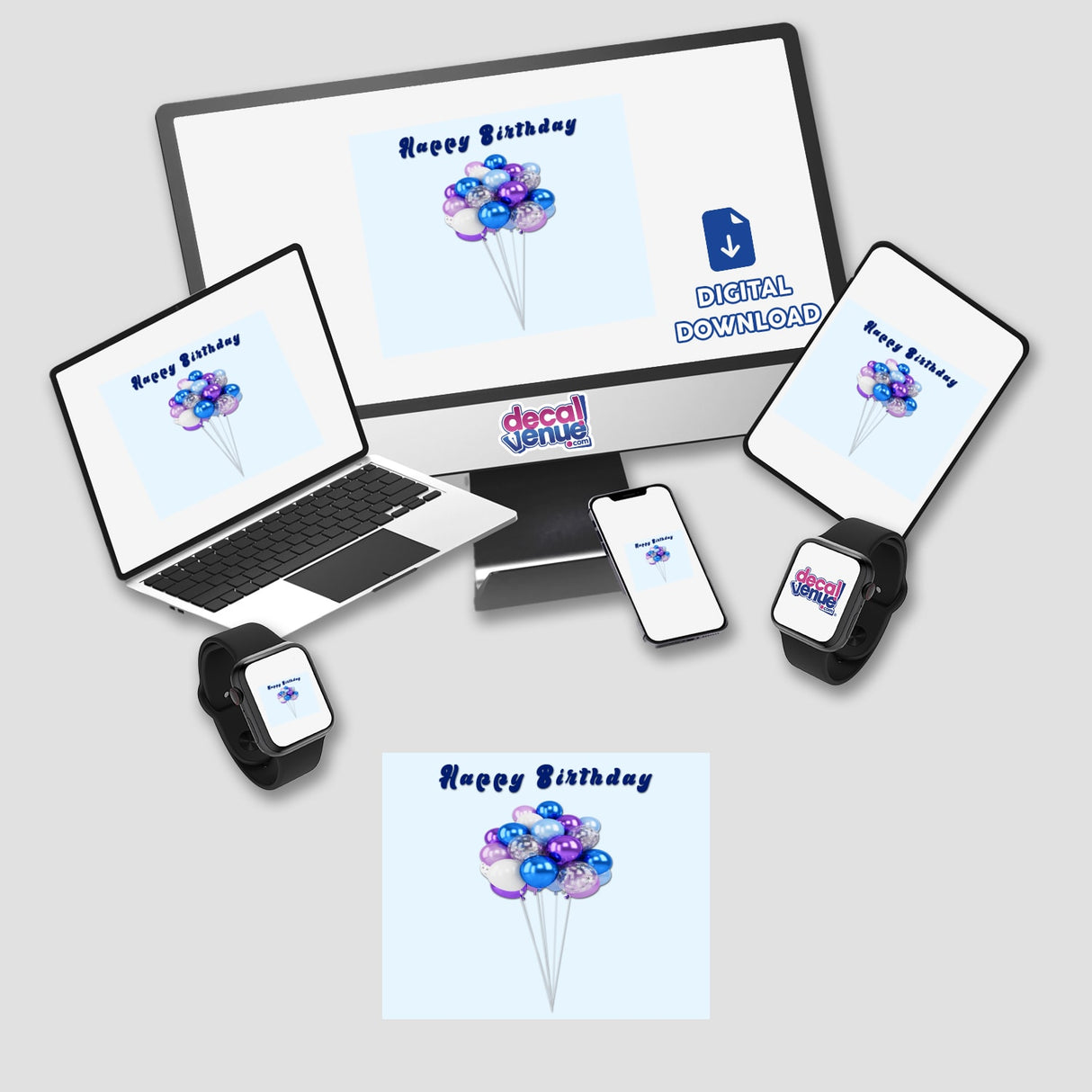 Colorful birthday balloons on pale blue background with "Happy Birthday" text, featured on digital devices from Decal Venue's product lineup.