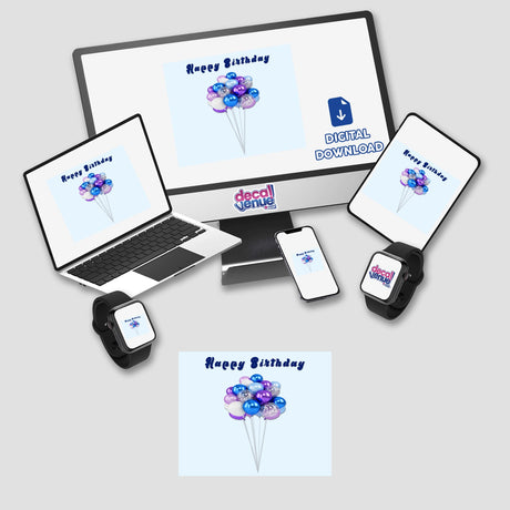 Colorful birthday balloons on pale blue background with "Happy Birthday" text, featured on digital devices from Decal Venue's product lineup.