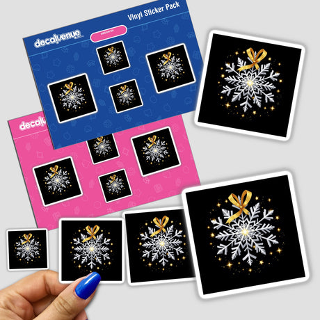 Silver Snowflake with Gold Ribbon and Twinkling Lights sticker pack, held in hand, showcasing intricate snowflake designs with elegant gold bows, available as stickers or digital artwork.