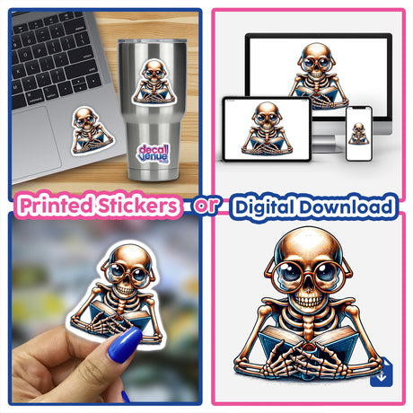 Skeleton with Reading Glasses Holding an Open Book - Digital Artwork for Customizable Stickers or Downloads at Decal Venue's Online Store