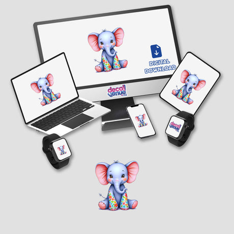 A laptop and monitor display a cartoon of A Cute Elephant With Flowers, available as stickers or digital art, showcasing Decal Venue's unique vinyl sticker and digital artwork offerings.