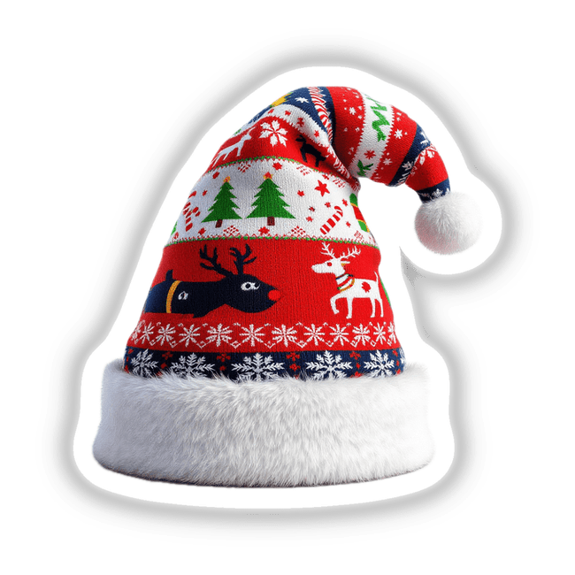 Santa Hat Ugly Christmas Sweater Style with reindeer and snowflakes pattern, available as stickers or digital artwork, featuring festive elements like trees and snowflakes.