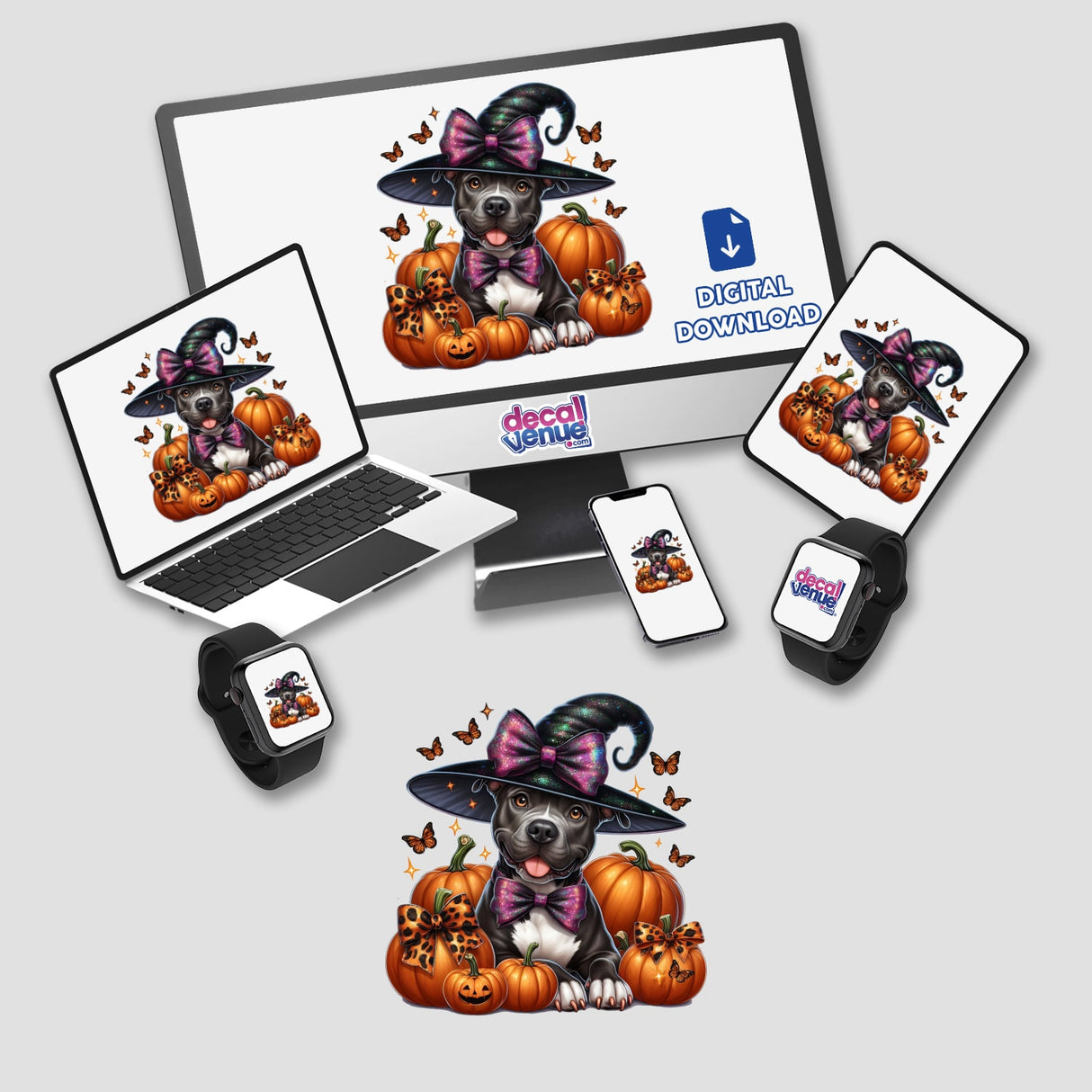 Adorable Pitbull pup in Halloween witch costume surrounded by pumpkins and butterflies, featured on various digital devices from the Decal Venue store.
