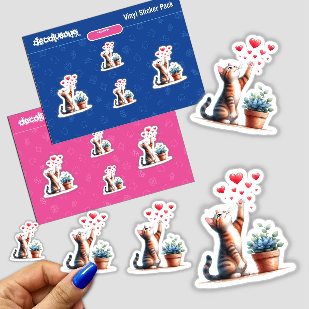 Watercolor Cat Catching Hearts - Decorative vinyl stickers featuring an adorable watercolor cat surrounded by heart-shaped designs, created by talented designer Ella Designz.