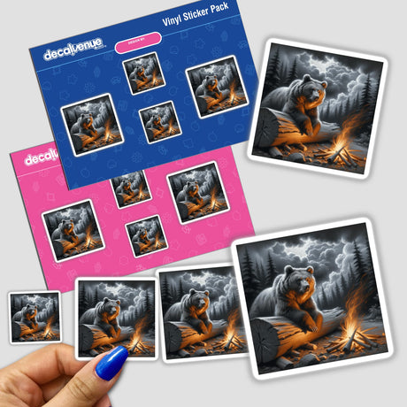 Bear on a Fallen Log by Firelight sticker featuring a detailed illustration of a bear sitting on a log, available as a sticker or digital artwork from Decal Venue.