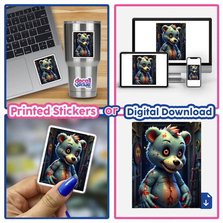 A collage featuring a Macabre Scary Bear sticker alongside a laptop, showcasing the unique digital artwork available at Decal Venue.
