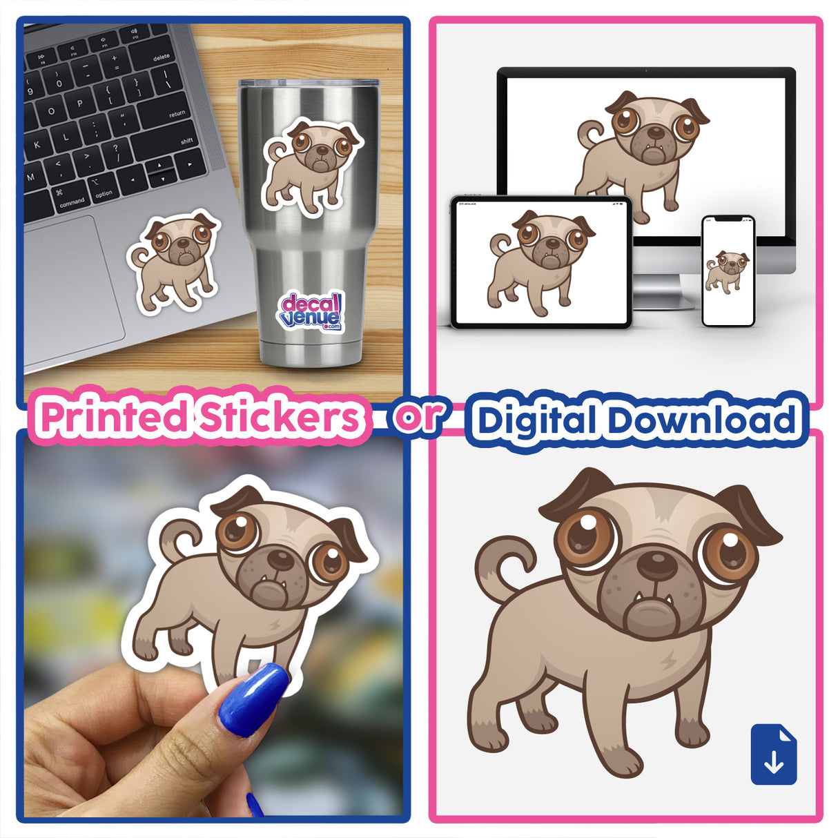 Pug Puppy Cartoon stickers in various designs, featuring cute dog illustrations. Available as a sticker pack or individually, perfect for personalizing laptops, cups, or other surfaces.