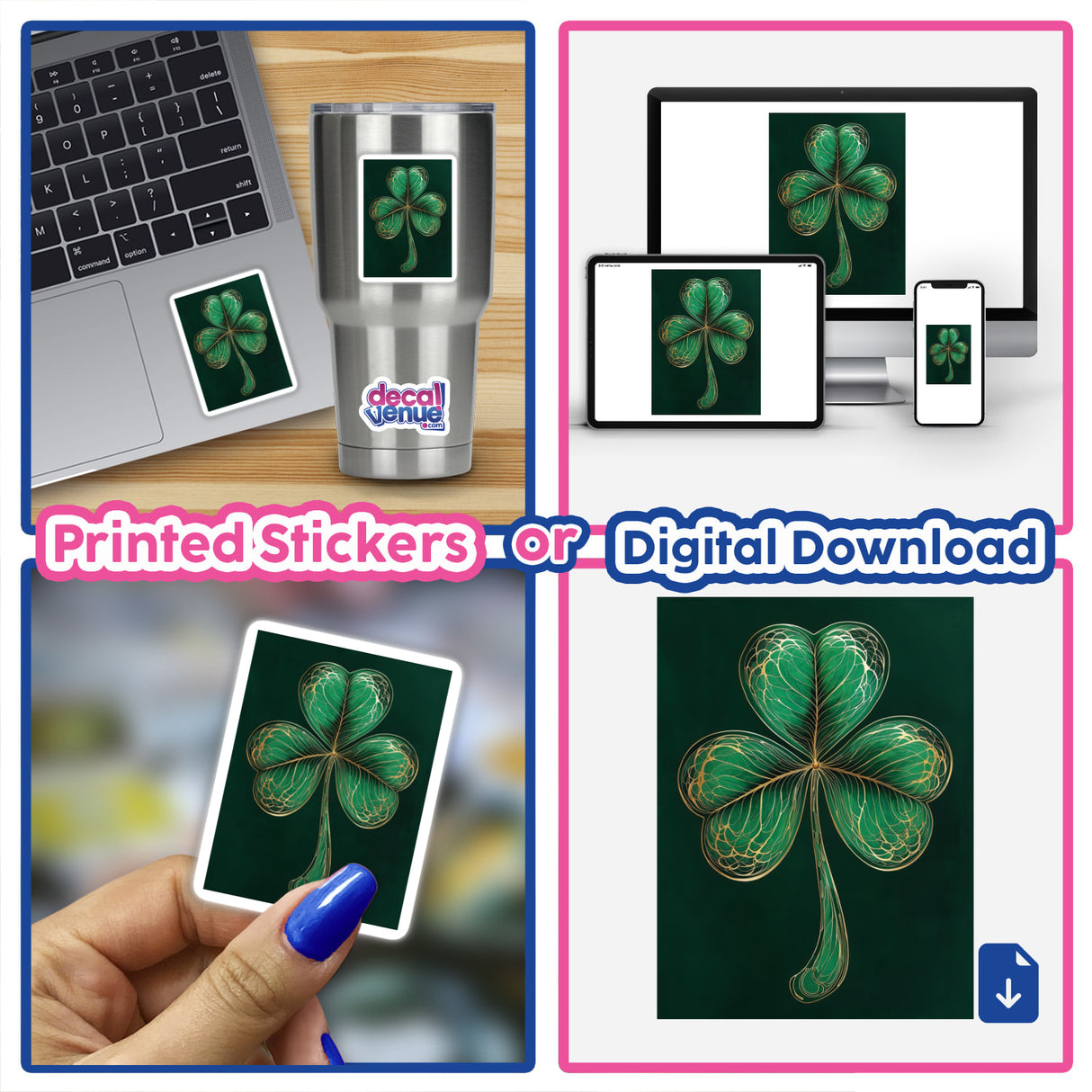 Elegant Shamrock – Intricate Green Clover with Gold Filigree featured on various tech devices, showcasing its versatility as stickers or digital artwork.