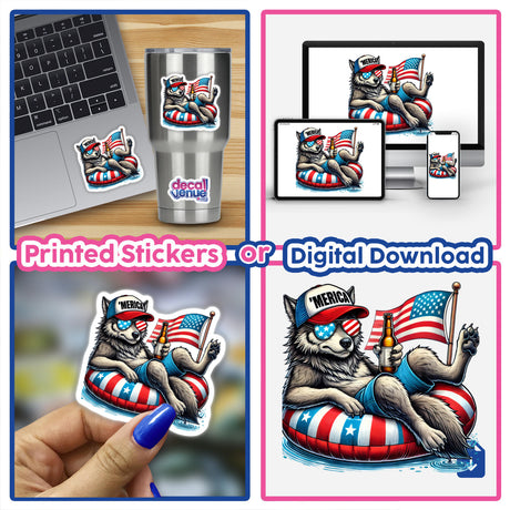 Wolf American Flag Float Merica sticker on a laptop, featuring a cartoon wolf lounging on an inflatable tube, holding a beer and an American flag.
