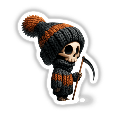 Whimsical skeleton gnome holding a tiny scythe, in a knitted black and orange outfit with a pom-pom hat.