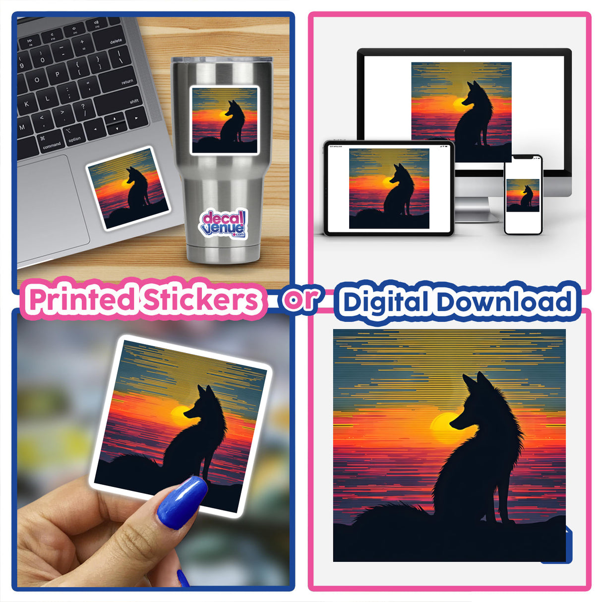 Collage of a Fox Silhouette with Vibrant Stripes displayed on a laptop and held as digital artwork.