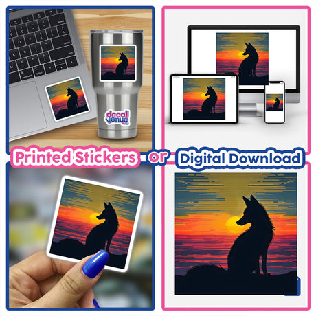 Collage of a Fox Silhouette with Vibrant Stripes displayed on a laptop and held as digital artwork.
