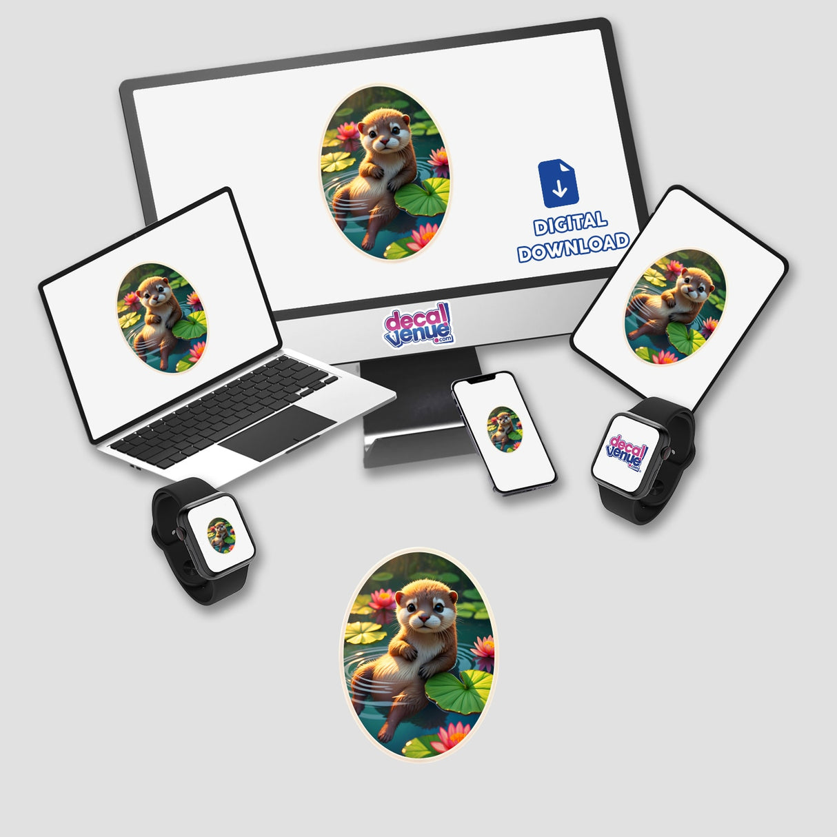 Cute Otter In The Water displayed on a laptop screen, surrounded by a computer monitor, phone, and mouse pad with similar otter imagery, available as stickers or digital artwork.