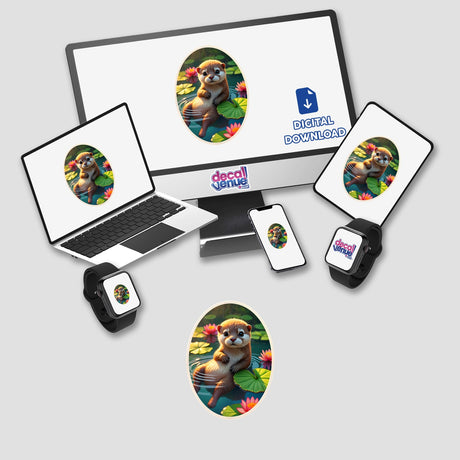 Cute Otter In The Water displayed on a laptop screen, surrounded by a computer monitor, phone, and mouse pad with similar otter imagery, available as stickers or digital artwork.
