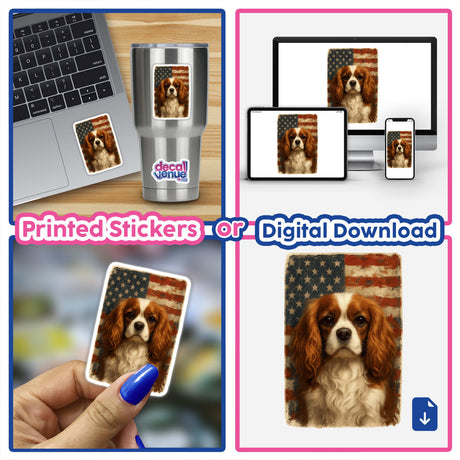 Cavalier King Charles Spaniel Patriotic Sticker features a detailed spaniel with expressive eyes against a distressed American flag background, perfect for personal or small business use.