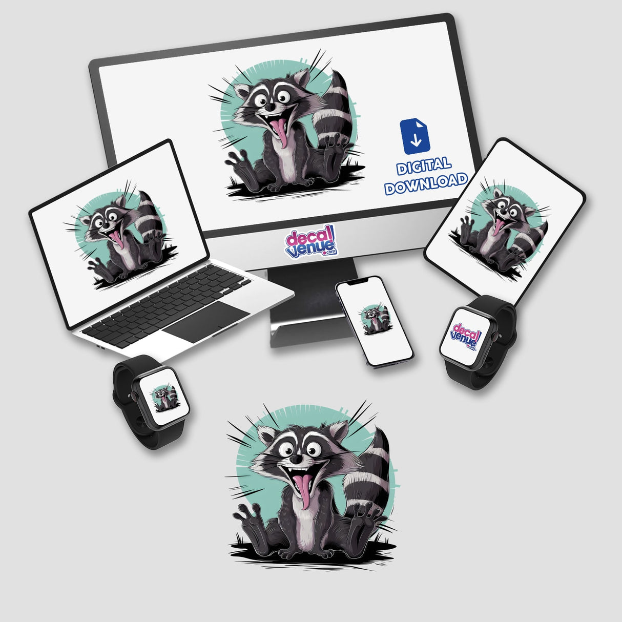 Exciting digital artwork of a crazy, scared raccoon sticker displayed across various digital devices from the Decal Venue store, offering unique stickers and digital art creations.