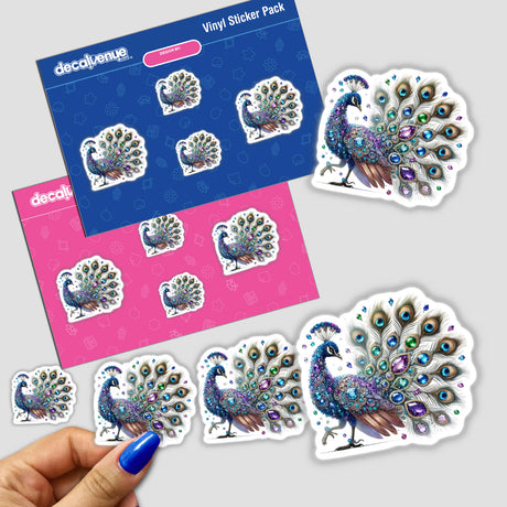 Hand holding a Peacock Jewels and Gemstones.png sticker pack, featuring intricate peacock designs adorned with gems and feathers.
