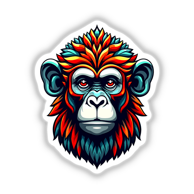 A Cool Monkey King cartoon illustration featuring a vibrant monkey with distinct red eyes and multicolored hair, available as unique stickers or digital artwork at Decal Venue.