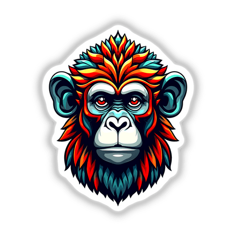 A Cool Monkey King cartoon illustration featuring a vibrant monkey with distinct red eyes and multicolored hair, available as unique stickers or digital artwork at Decal Venue.