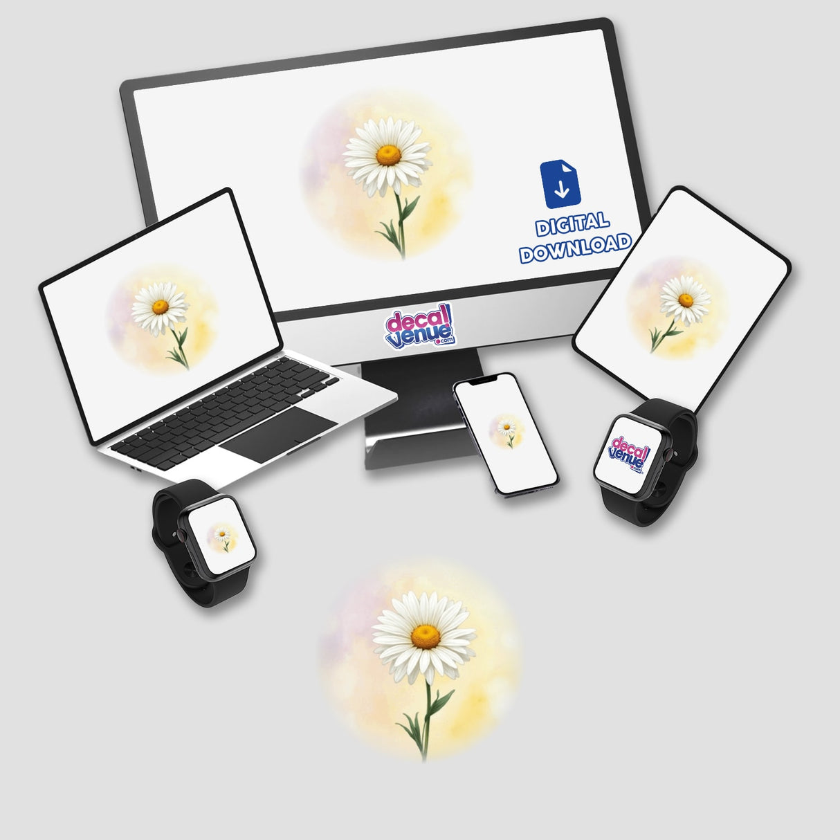 Daisy Bloom Watercolor Sticker for Journaling displayed on a computer monitor and laptop screen, showcasing a vibrant flower design. Available as stickers or digital artwork, perfect for creative projects.