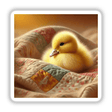 Duckling on Patterned Quilt: A close-up of a yellow duckling sitting on a quilt, available as stickers or digital artwork.