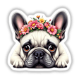 Playful French Bulldog adorned with a Springtime Flower Crown, showcasing its joyful expression. Available as stickers or digital artwork, perfect for enhancing any physical or digital space.