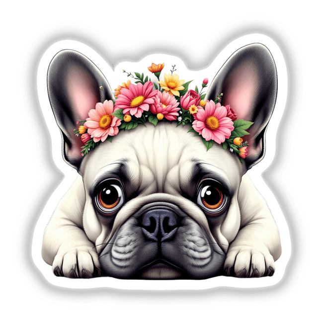 Playful French Bulldog adorned with a Springtime Flower Crown, showcasing its joyful expression. Available as stickers or digital artwork, perfect for enhancing any physical or digital space.