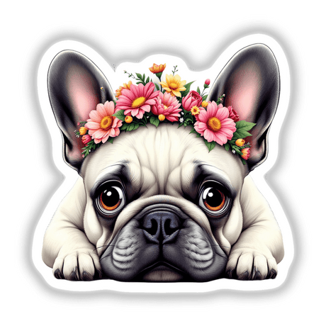 Playful French Bulldog adorned with a Springtime Flower Crown, showcasing its joyful expression. Available as stickers or digital artwork, perfect for enhancing any physical or digital space.