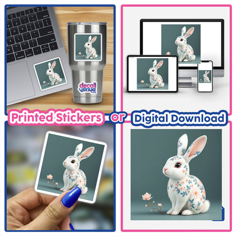 Chinoiserie Rabbit sticker and digital artwork collage featuring a laptop adorned with a rabbit design, highlighting Decal Venue's unique blend of animal motifs and tech accessories.