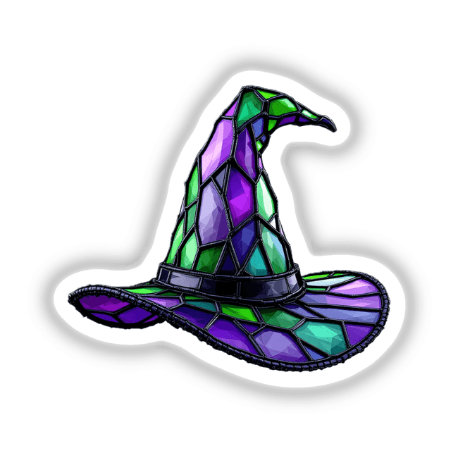 Witch Hat Stained Glass Style depicted in a vibrant, artistic design, available as stickers or digital artwork from Decal Venue, showcasing unique flair typical of the store's creative offerings.
