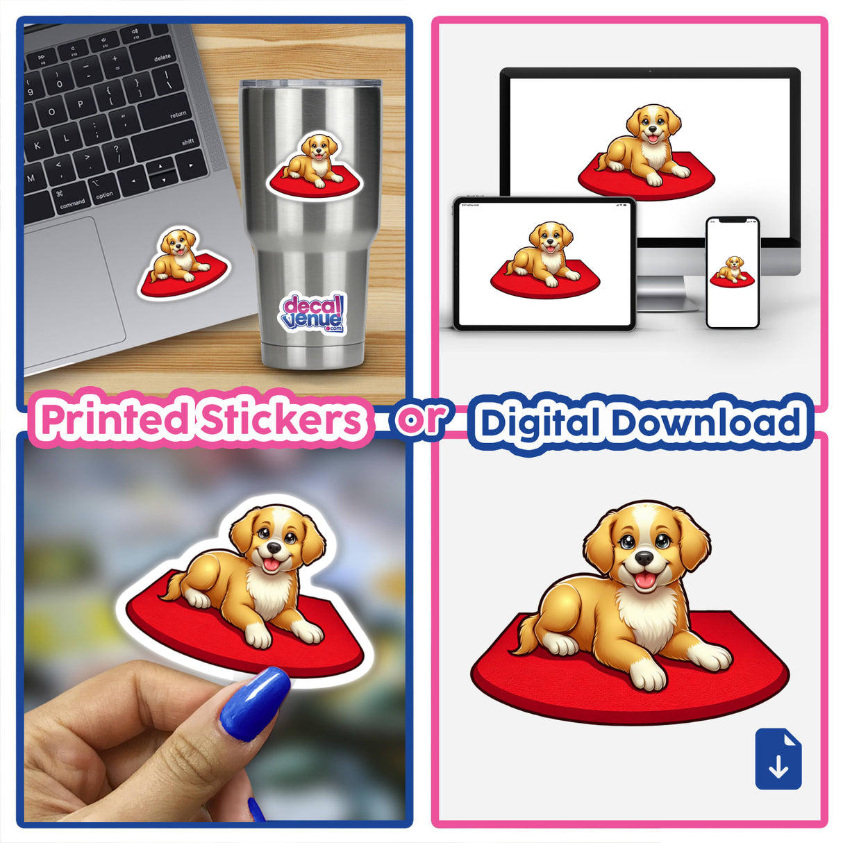 Cute golden retriever puppy on a red cushion displayed on various digital devices and printed stickers.