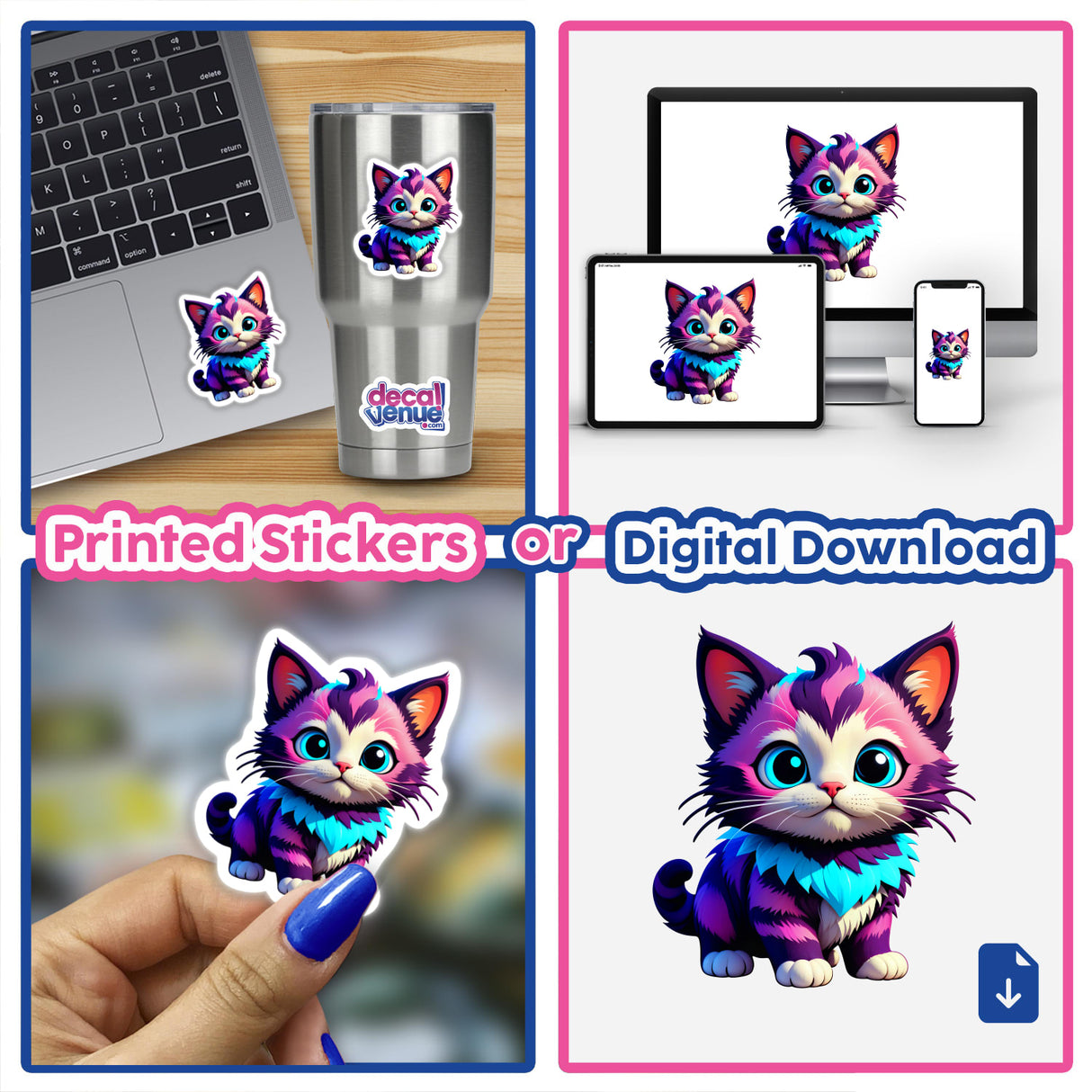 A Cute Little Kitten sticker collage featuring various placements, like on cups and laptops, showcasing its versatility as both a sticker and digital artwork from Decal Venue.