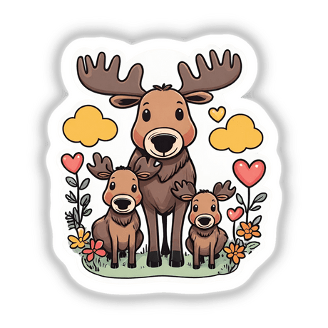 Colorful cartoon illustration of a moose family in a floral setting