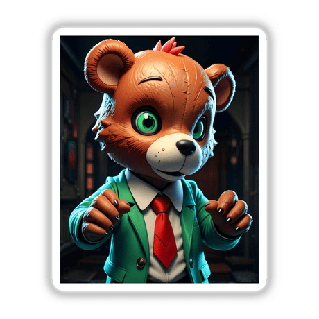 A Macabre Scary Bear cartoon character in a suit and tie, featuring distinctive eyes and a prominent red tie, available as stickers or digital artwork from Decal Venue.