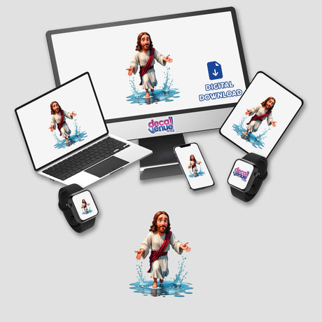 Funny Jesus Christ Walking On Water design displayed across various screens and devices, available as stickers or digital artwork, featuring a cartoon Jesus emerging from water.