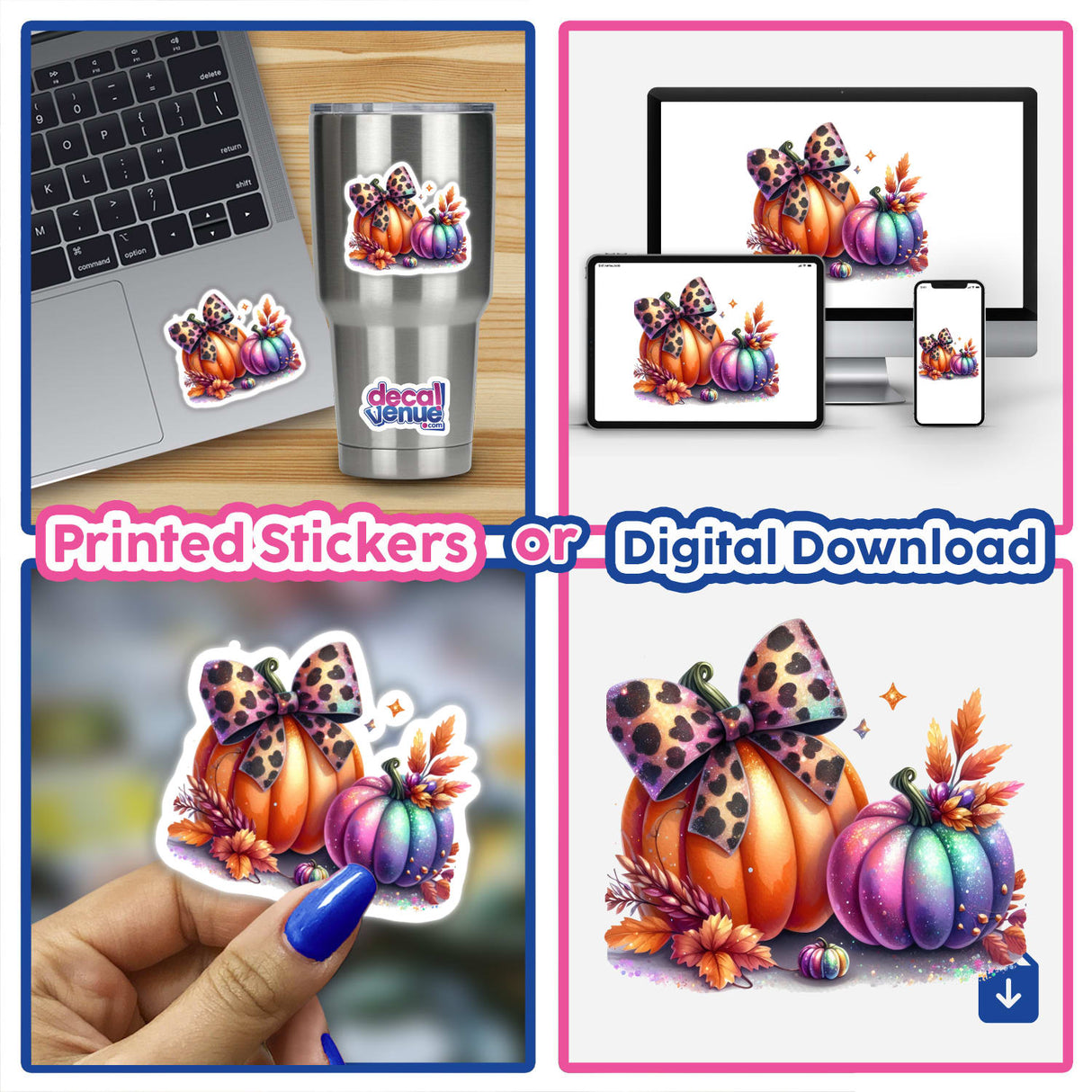 Vibrant fall pumpkin digital art with colorful leopard bows, available as printed stickers or digital download from the Decal Venue store.